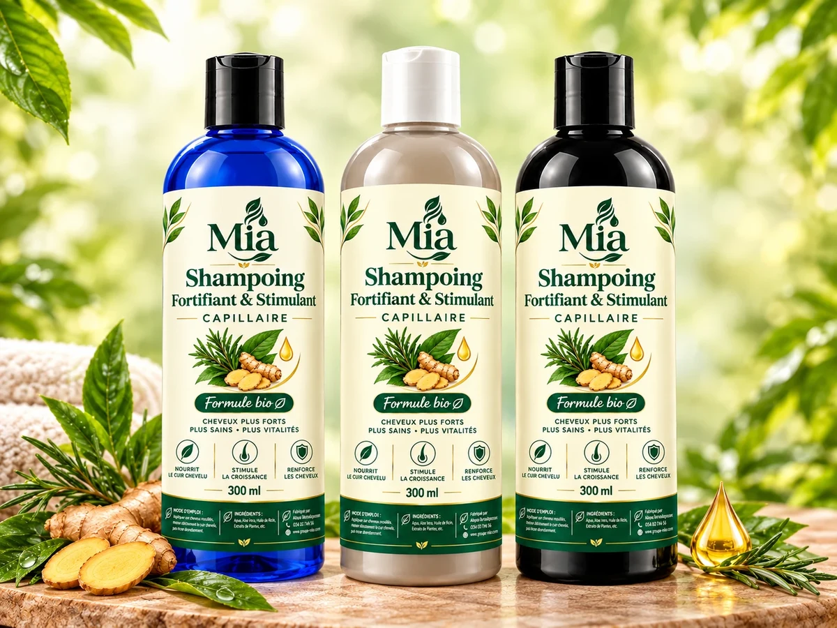 Flacons Mia — Shampoing fortifiant et stimulant capillaire, formule bio